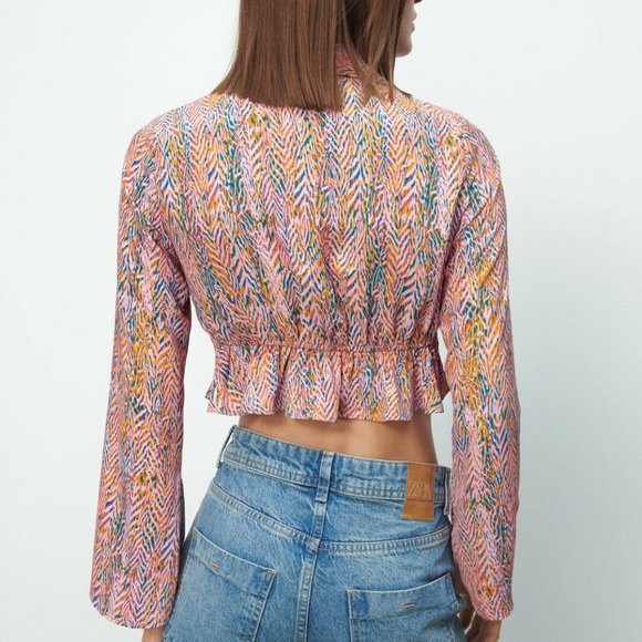 ZARA NWT Printed Cropped Blouse With Buckle Multicolor - Picture 3 of 7
